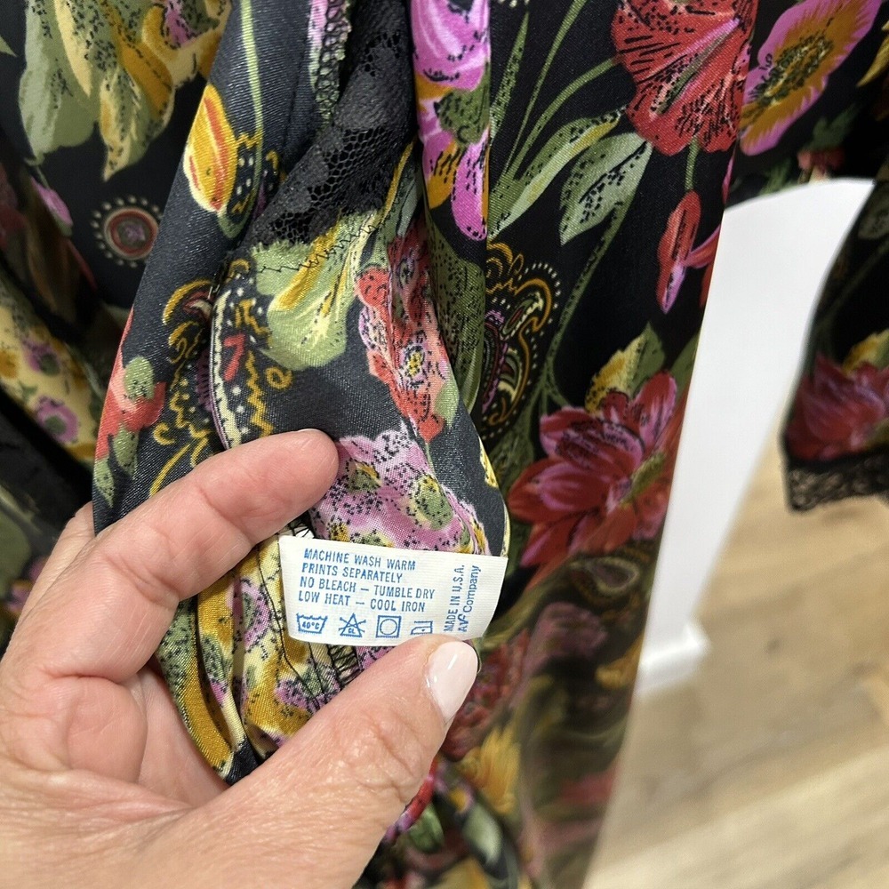 Vintage VANITY FAIR Small KIMONO Wrap ROBE Long Black TROPICAL FLORAL Nylon USA - Picture 9 of 10